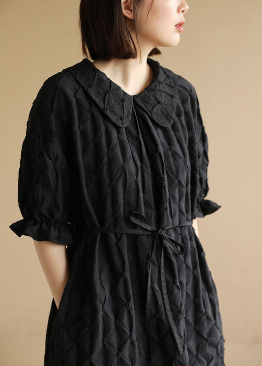 Black Peter Pan Collar Original Design Plaid Holiday Dress Short Sleeve