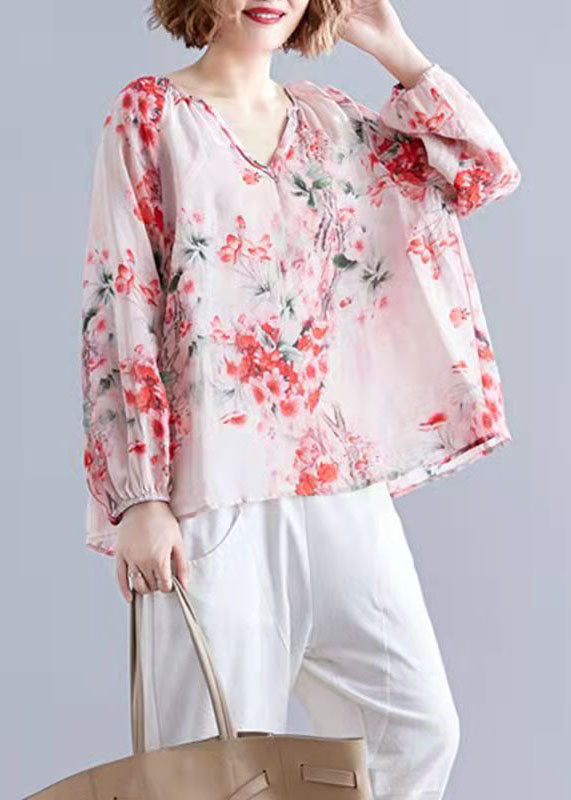 Blue V Neck Print Tops Lantern Sleeve