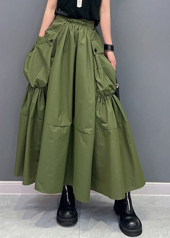 Green Pockets Patchwork Elastic Waist Maxi Skirts Summer