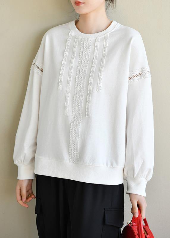 Comfy White Cotton Long Sleeve Loose Sweatshirts Top