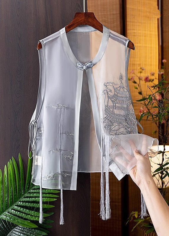 Modern Black O-neck Embroideried Silk Waistcoat Summer