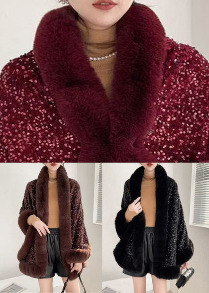 Red Fur Collar Sequins Warm Fleece Cape Coat Winter
