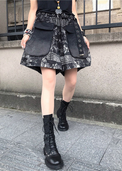 Print Patchwork High Waist Sashes Denim Shorts Spring
