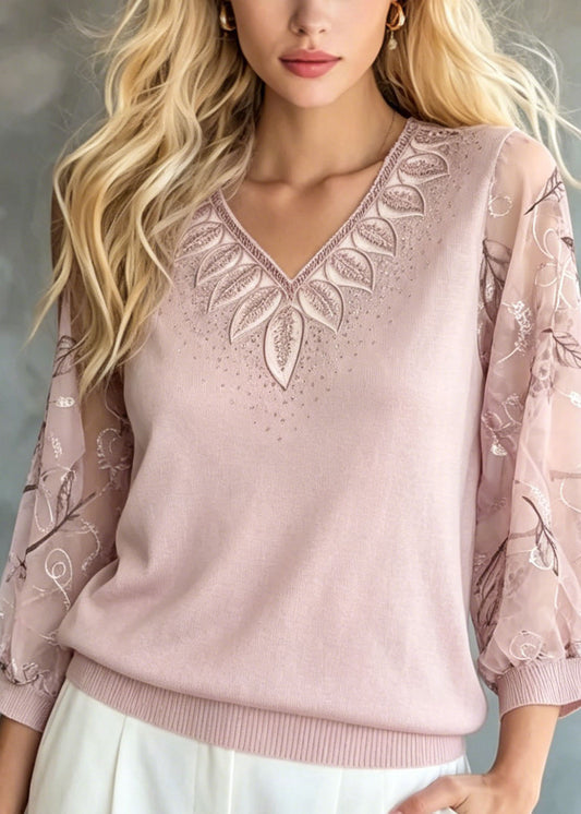 Pink Embroidered Zircon Knit Top Bracelet Sleeve