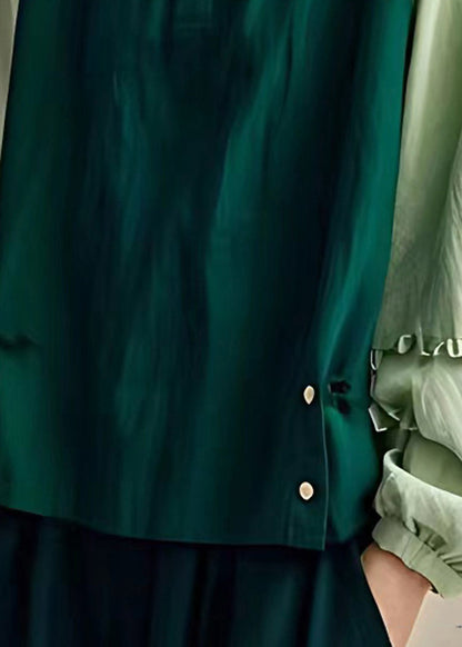 Dull Green Oversized Patchwork Linen Shirts Spring