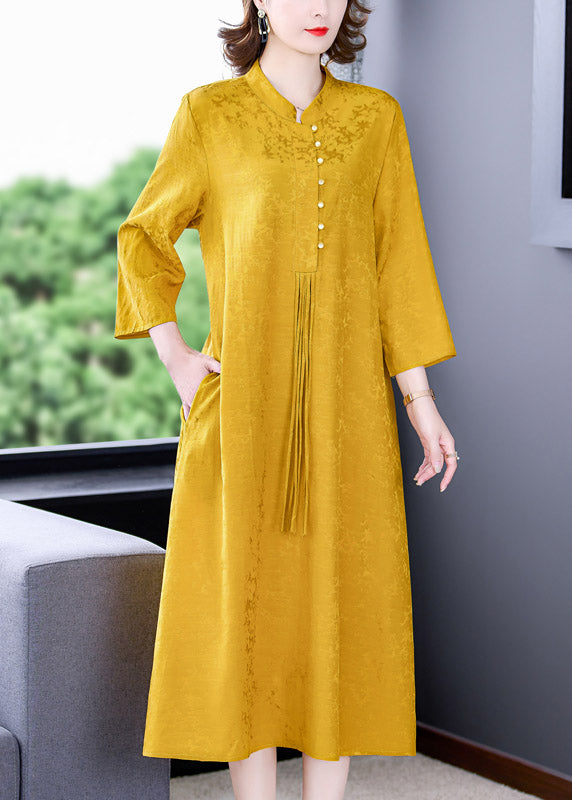 Yellow Stand Collar Tassel Button Silk Long Dresses Long Sleeve