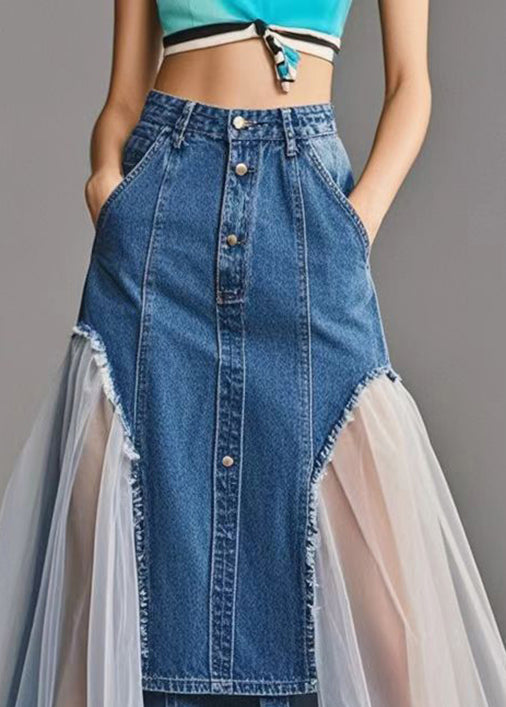 Art Blue Silm Fit Patchwork Tulle Denim a Line Skirt Spring
