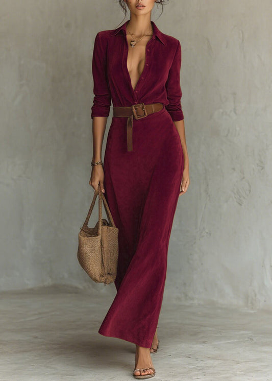 Wine Red Peter Pan Collar Button Faux Suede Shirt Dress Spring
