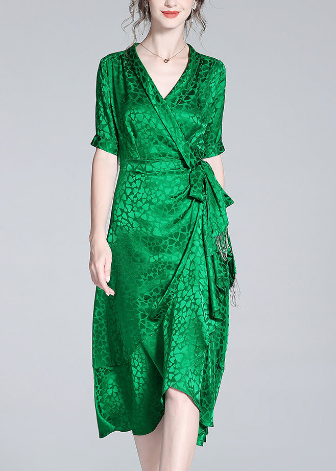 Green V Neck Print Bow Tunic Maxi Dress Short Sleeve