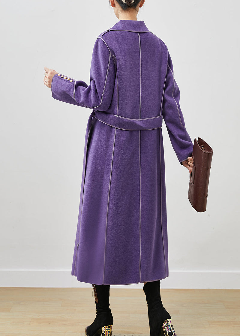Purple Peter Pan Collar Tie Waist Woolen Coats Fall