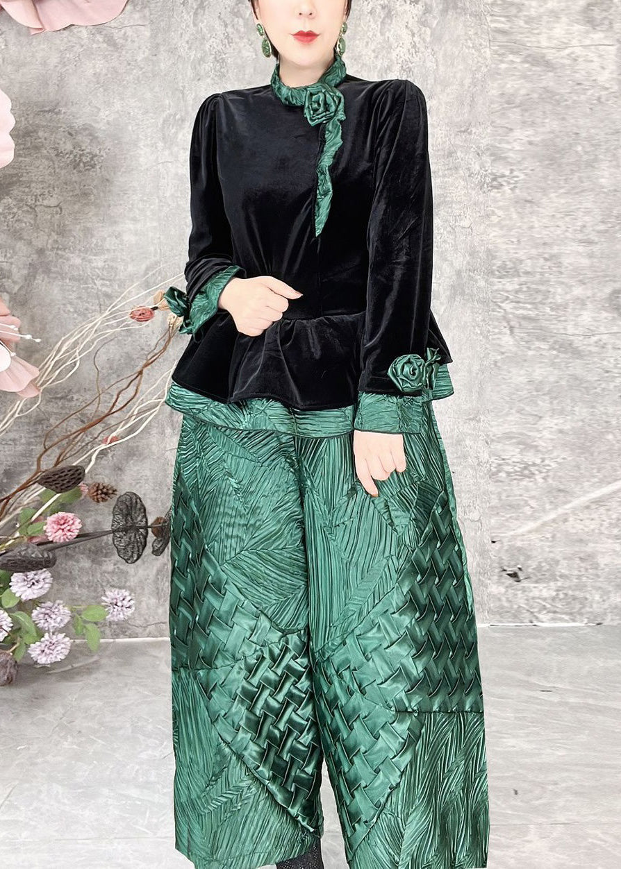 Green Patchwork Silk Velour Two Piece Set Spring
