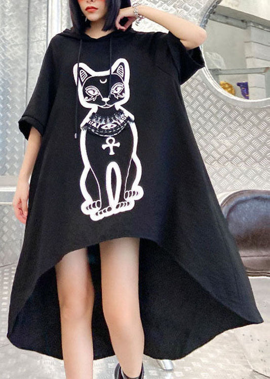 Organic Black Hooded Drawstring Low High Design Print Sweatshirts Dress Spring