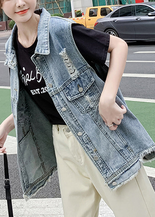 Diy Light Blue Peter Pan Collar Denim Waistcoat Sleeveless