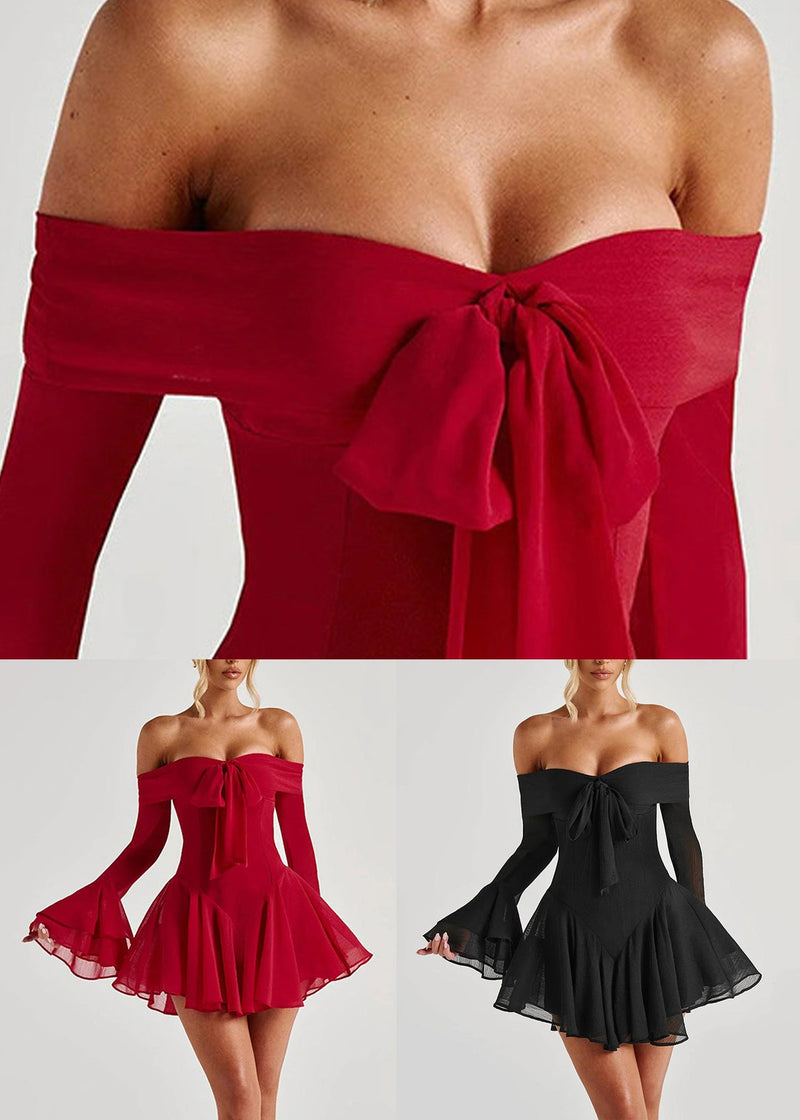 Red Slash Neck Bow Cotton Mid Dress Flare Sleeve