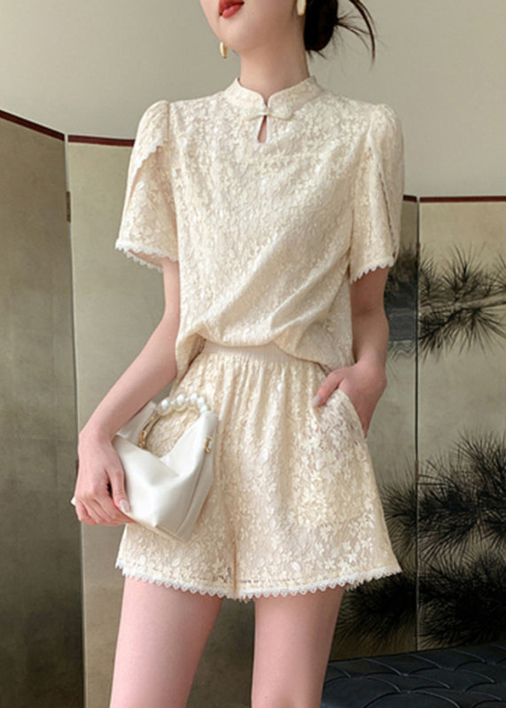 Jacquard Beige Stand Collar Lace Patchwork Chiffon Shirts and Shorts Two Pieces Set Summer