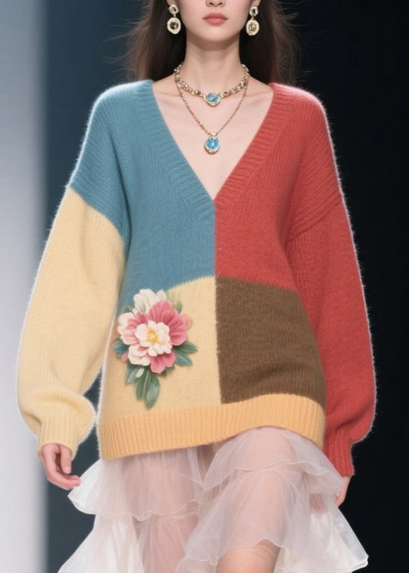 Colorblock V Neck Knit Sweater Dress Fall