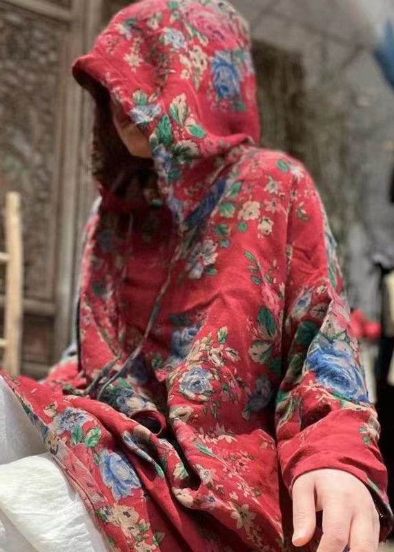 Red Hooded Print Linen Tops Spring