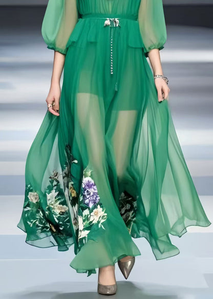 Modern Tea Green Print Chiffon Long Dress Bracelet Sleeve