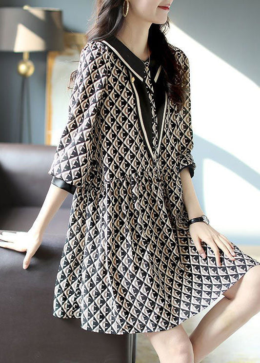 Black Peter Pan Collar Print Patchwork Chiffon Dresses Spring