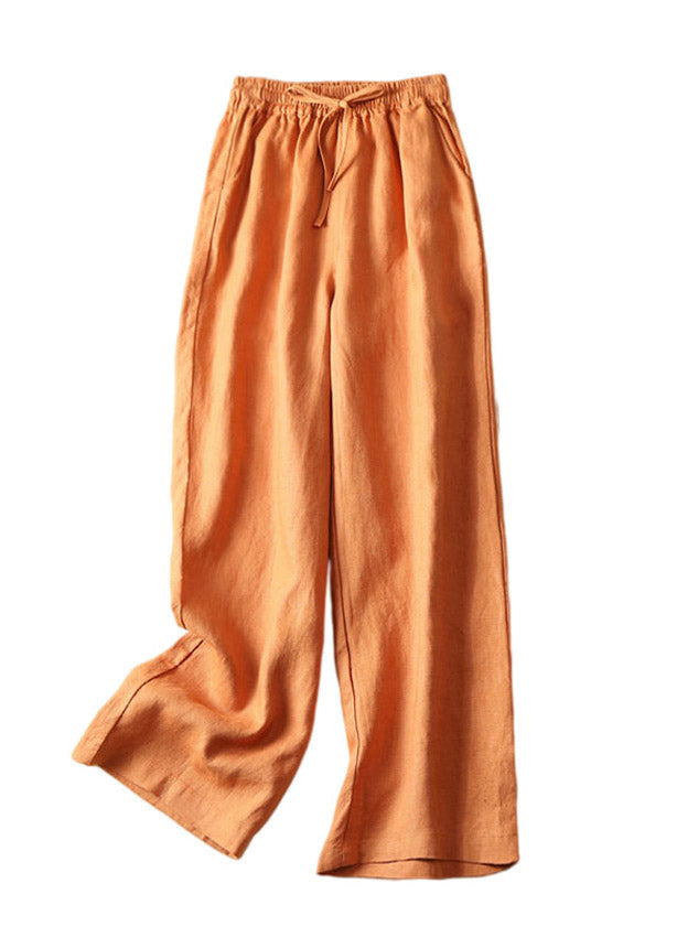 Stylish Orange Pockets Elastic Waist Drawstring Linen Wide Leg Pants Summer