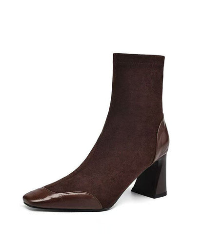 Brown Splicing Suede Chunky Heel Boots