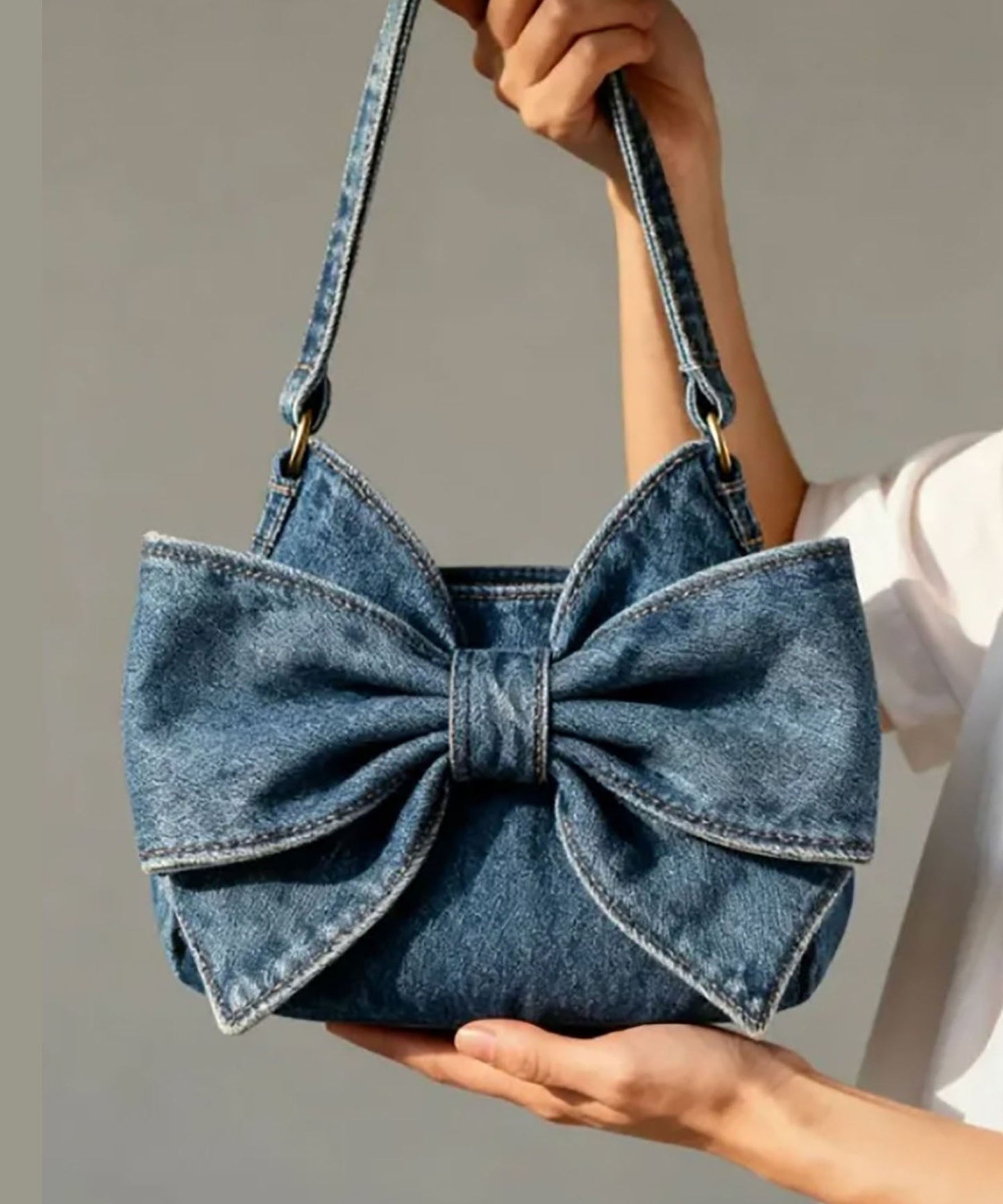Navy Bow Durable Denim Shoulder Bags