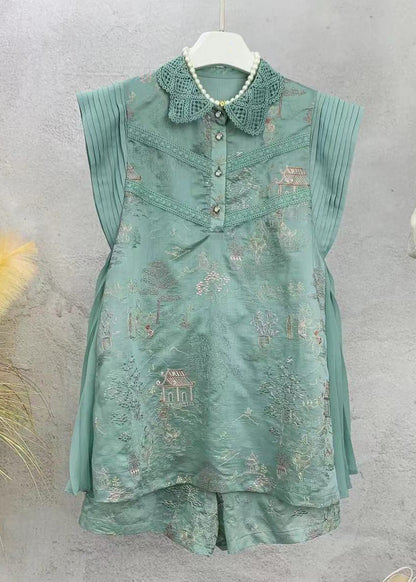 New Green Embroidered Tops and Shorts Cotton Sets 2 Pieces Sleeveless