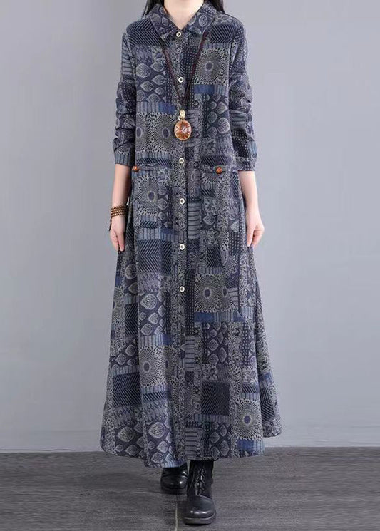 Blue Peter Pan Collar Print Patchwork Warm Fleece Dress Fall