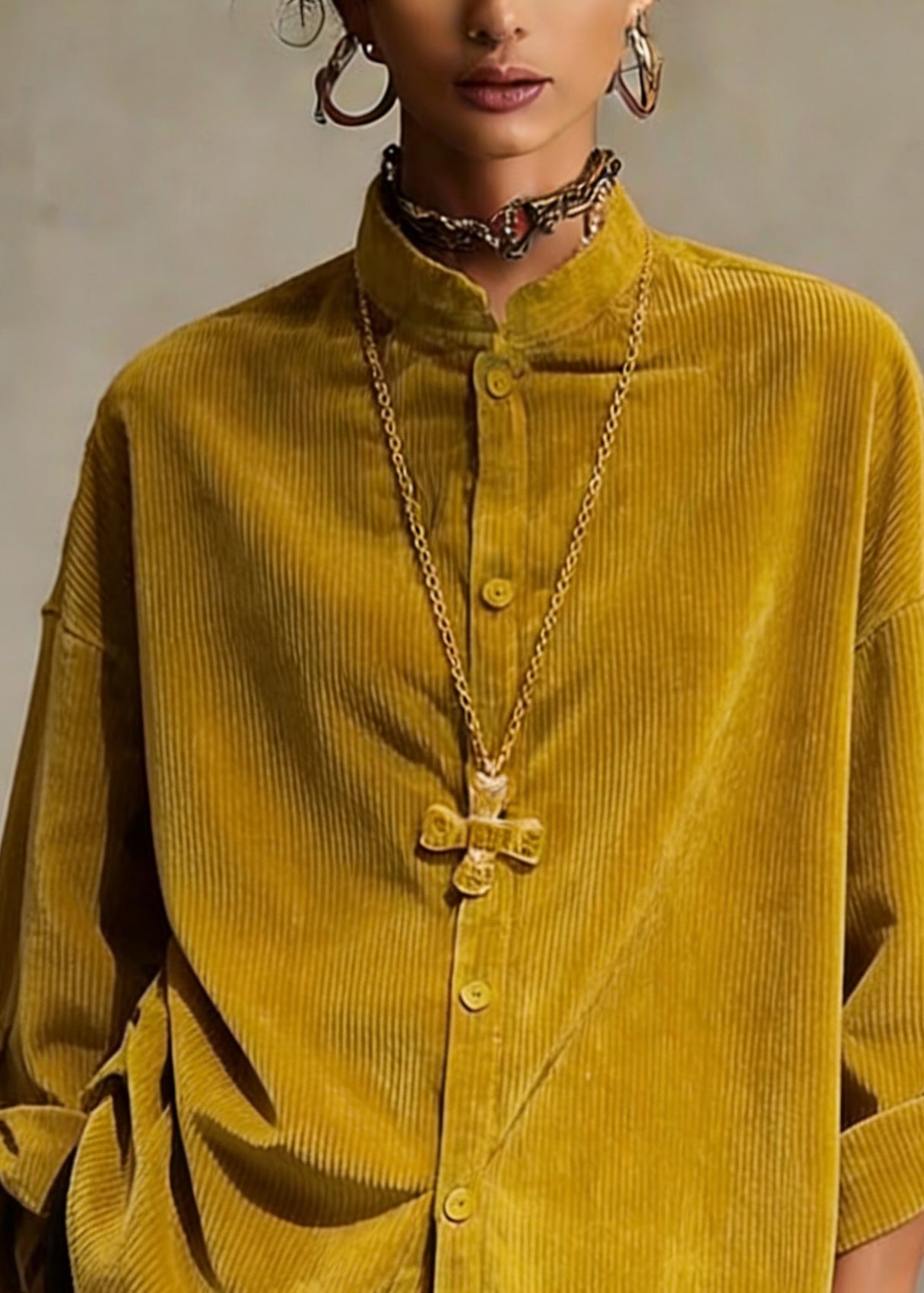 Simple Yellow Stand Collar Button Shirts Spring