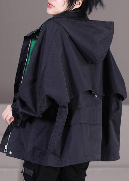 Black Drawstring Patchwork Zippered Button Hooded Trench Coats Fall