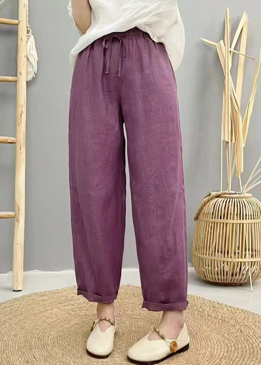 Purple Oversized Elastic Waist Linen Harem Pants Summer