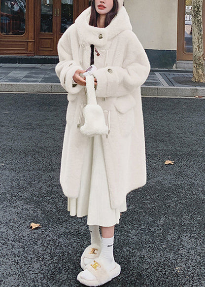 White Hooded Pockets Mink Velvet Coats Spring
