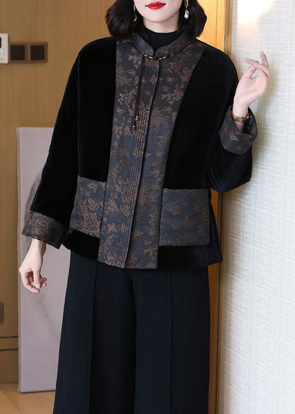 Loose Black Button Pockets Cotton Filled Coats Long Sleeve