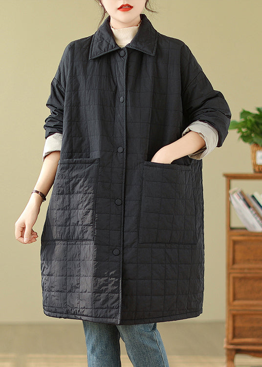 Black Pockets Button Patchwork Fine Cotton Filled Coat Winter