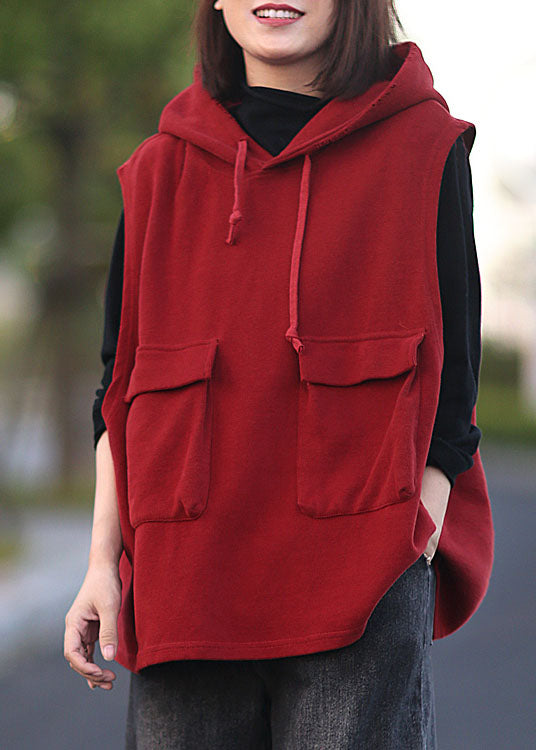 Classy Red Hooded Drawstring Pullover Sleeveless Waistcoat