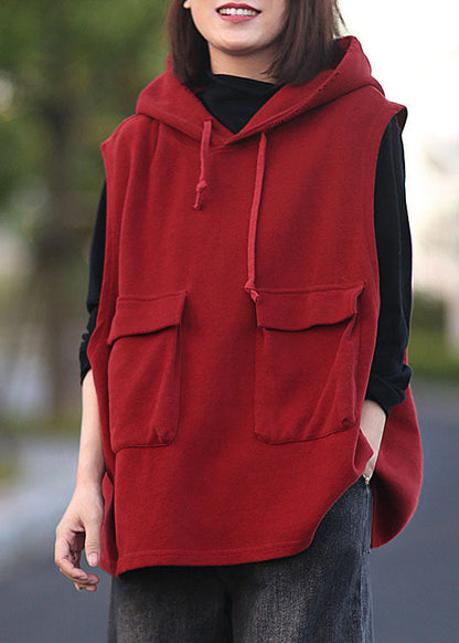 Classy Red Hooded Drawstring Pullover Sleeveless Waistcoat