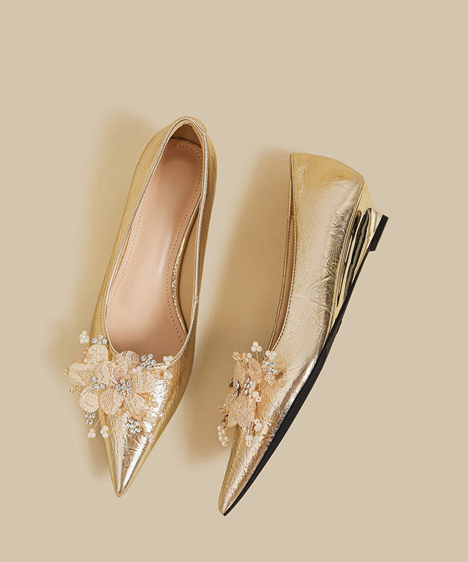 Gold Faux Leather Splicing Wedge Shoes Pointed Toe
