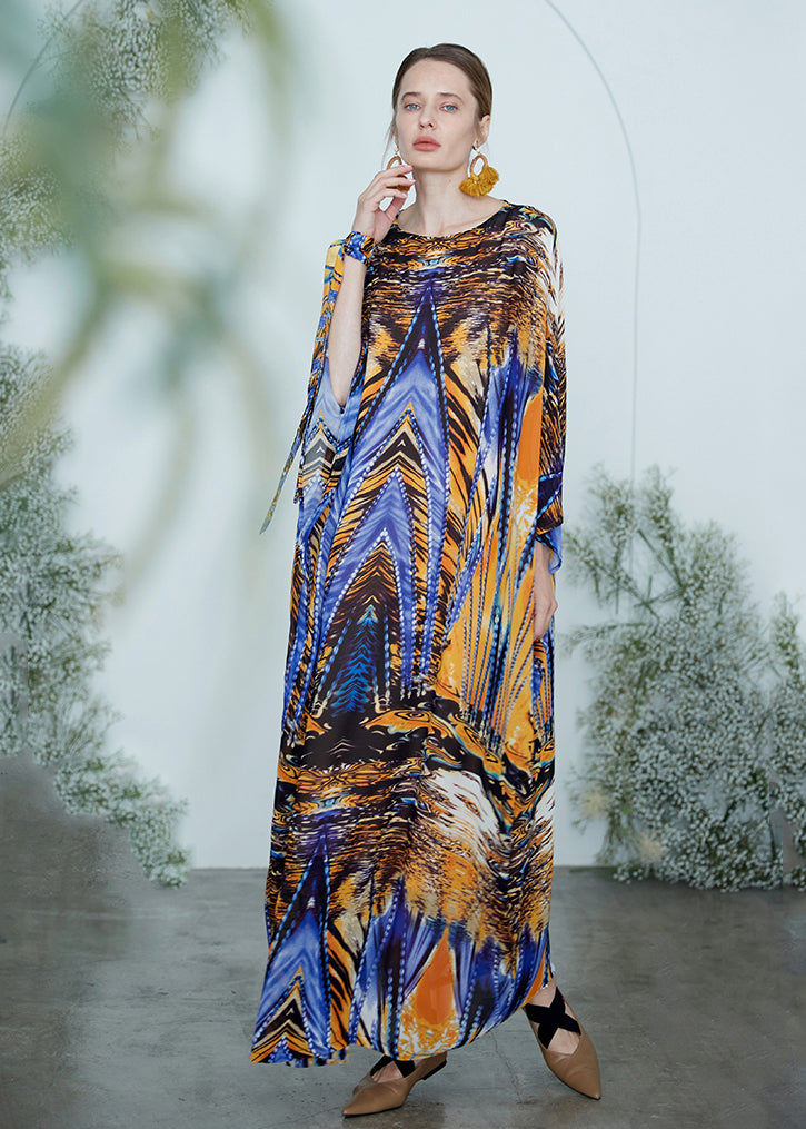 European and American Style Colorblock Print Chiffon Robe Dress Summer