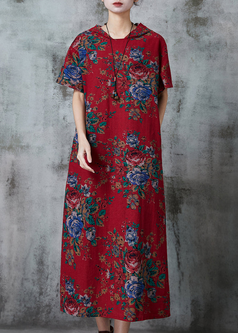 Red Hooded Print Cotton Long Dress Summer