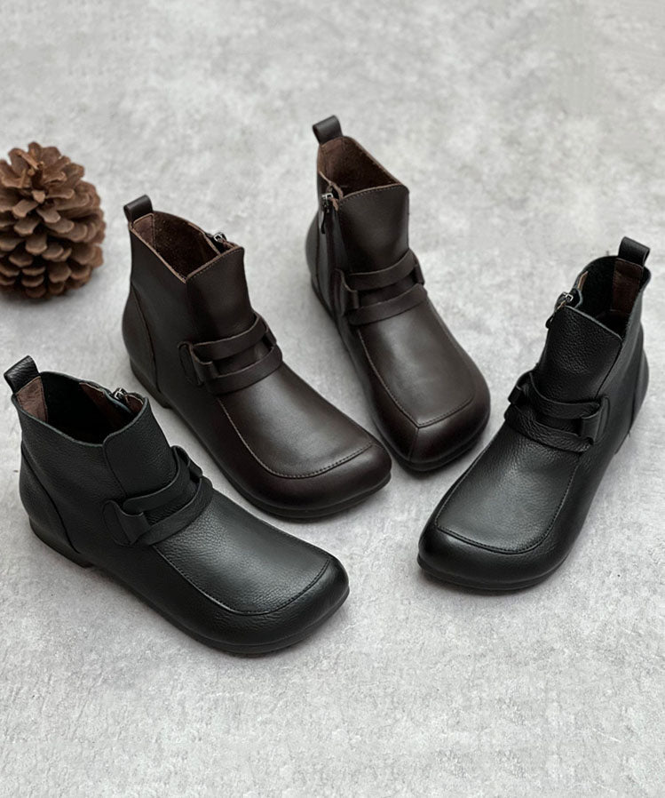 Handmade Cowhide Leather Boots Black Zippered Boots