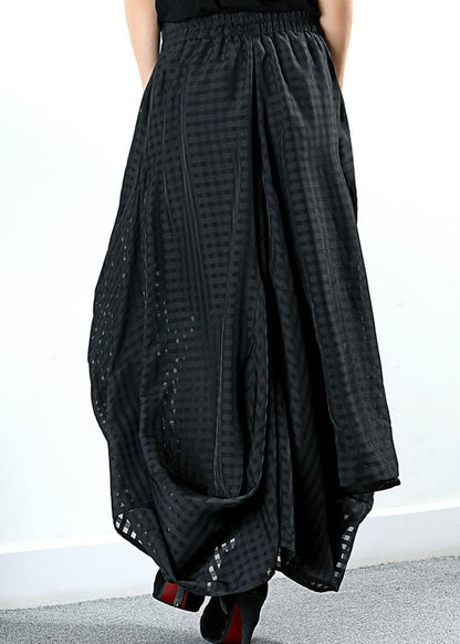 Simple Black Pockets Plaid Wide Half Skirt Spring