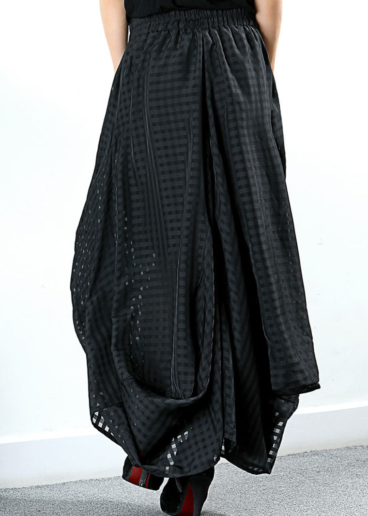 Simple Black Pockets Plaid Wide Half Skirt Spring