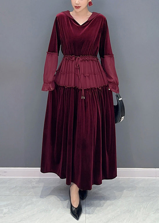 Wine Red Ruffled Lace Up Patchwork Velour Long Dresses Fall