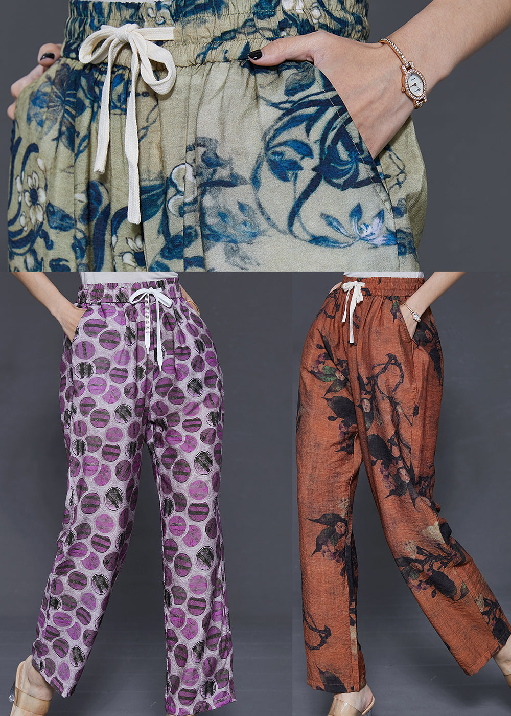 Handmade Orange Oversized Print Linen Pants Summer