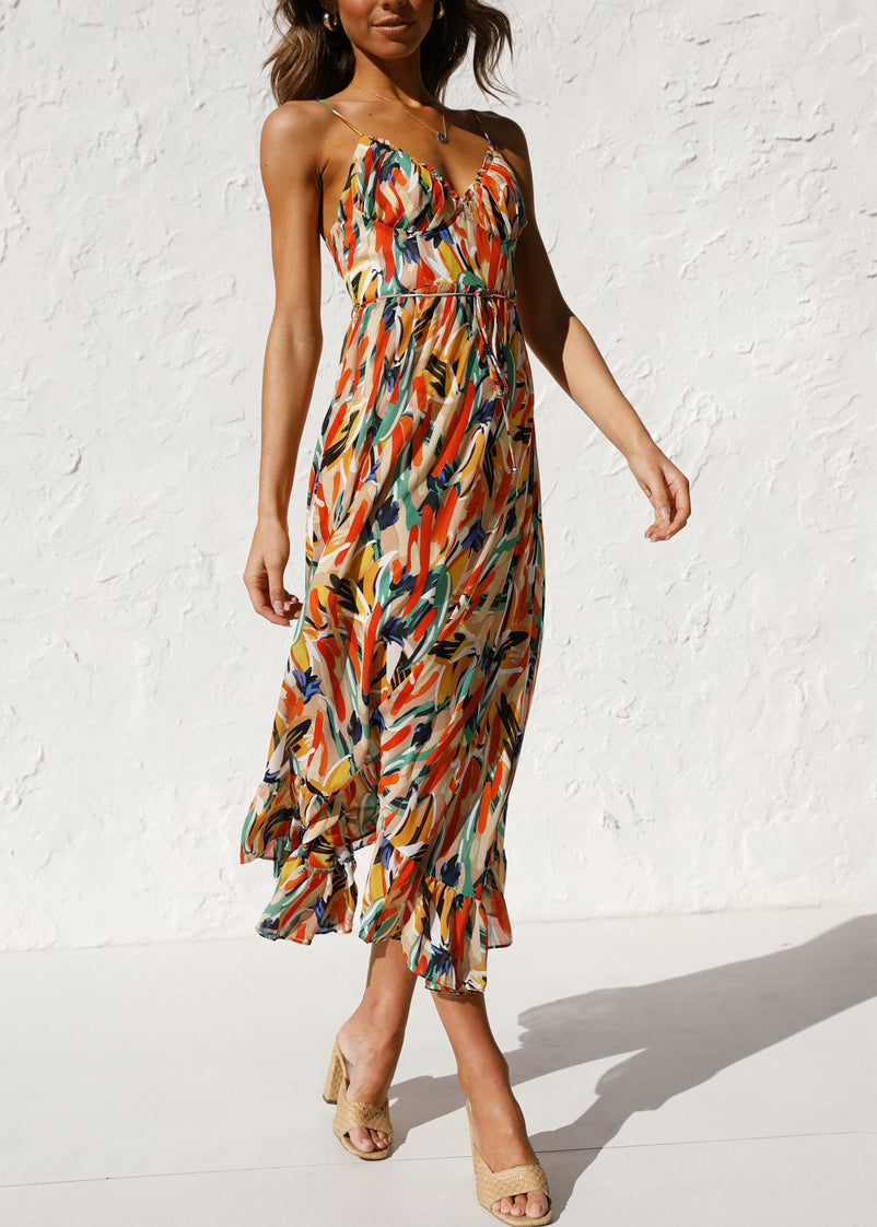 Novelty Orange Ruffled Print Cotton Spaghetti Strap Dress Sleeveless Summer