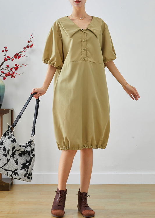 Khaki V Neck Oversized Cotton Mid Dress Lantern Sleeve