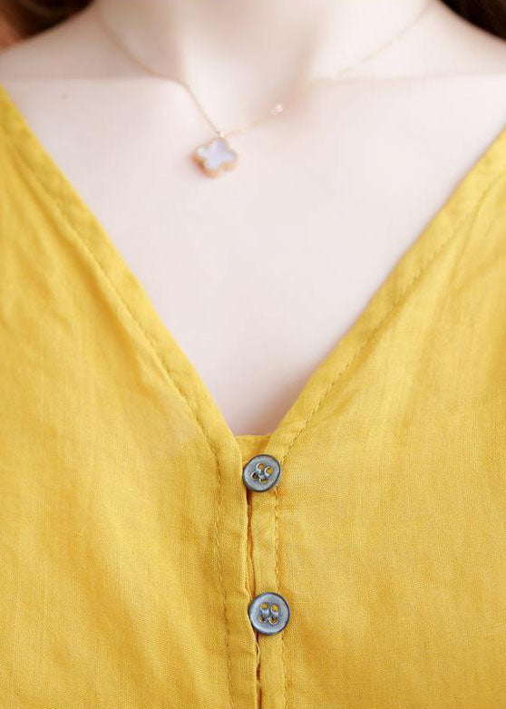 Art Yellow V Neck Button Ruffled Asymmetrical Design Fall Half Sleeve Shirt Top