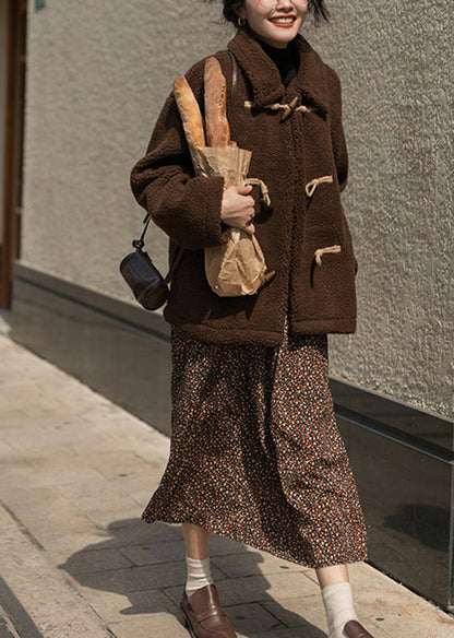 Chocolate Horn Button Thick Cashmere Teddy Coat Winter