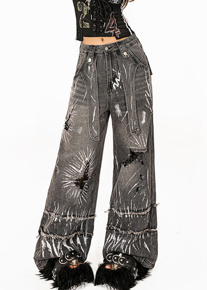 Loose Dark Grey Pockets Tie Dye Hole High Waist Wide Leg Jeans