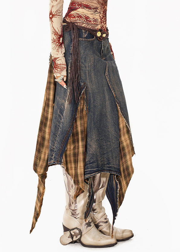 Blue Plaid Patchwork Denim Maxi Skirts